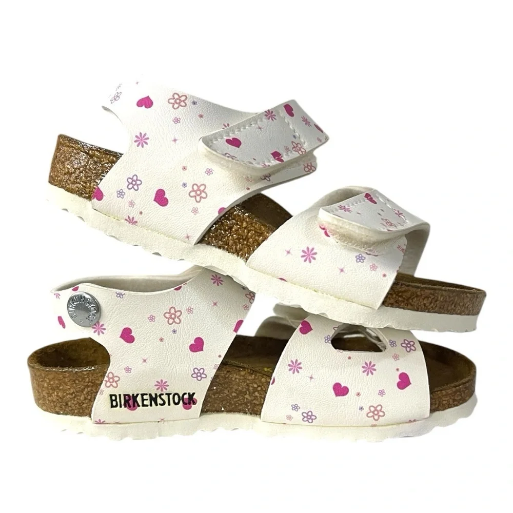 Birkenstock Bari Kinder Sandals – White with Pink Hearts & Flowers – EU 25 US C7
